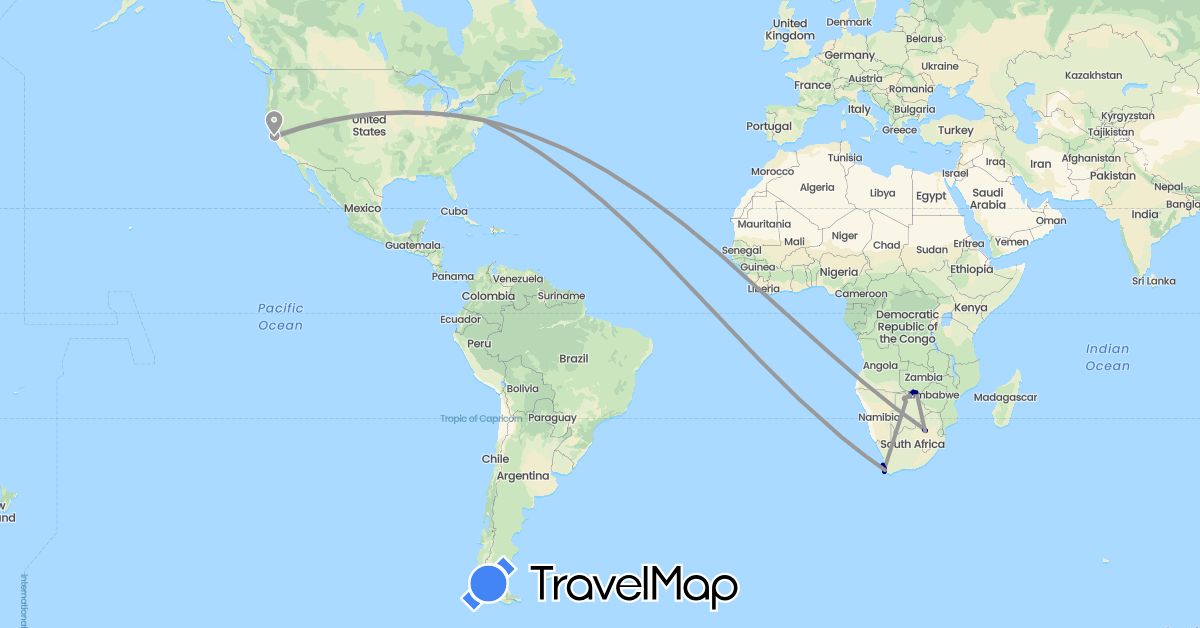 TravelMap itinerary: driving, plane, boat in Botswana, Namibia, United States, South Africa, Zambia, Zimbabwe (Africa, North America)